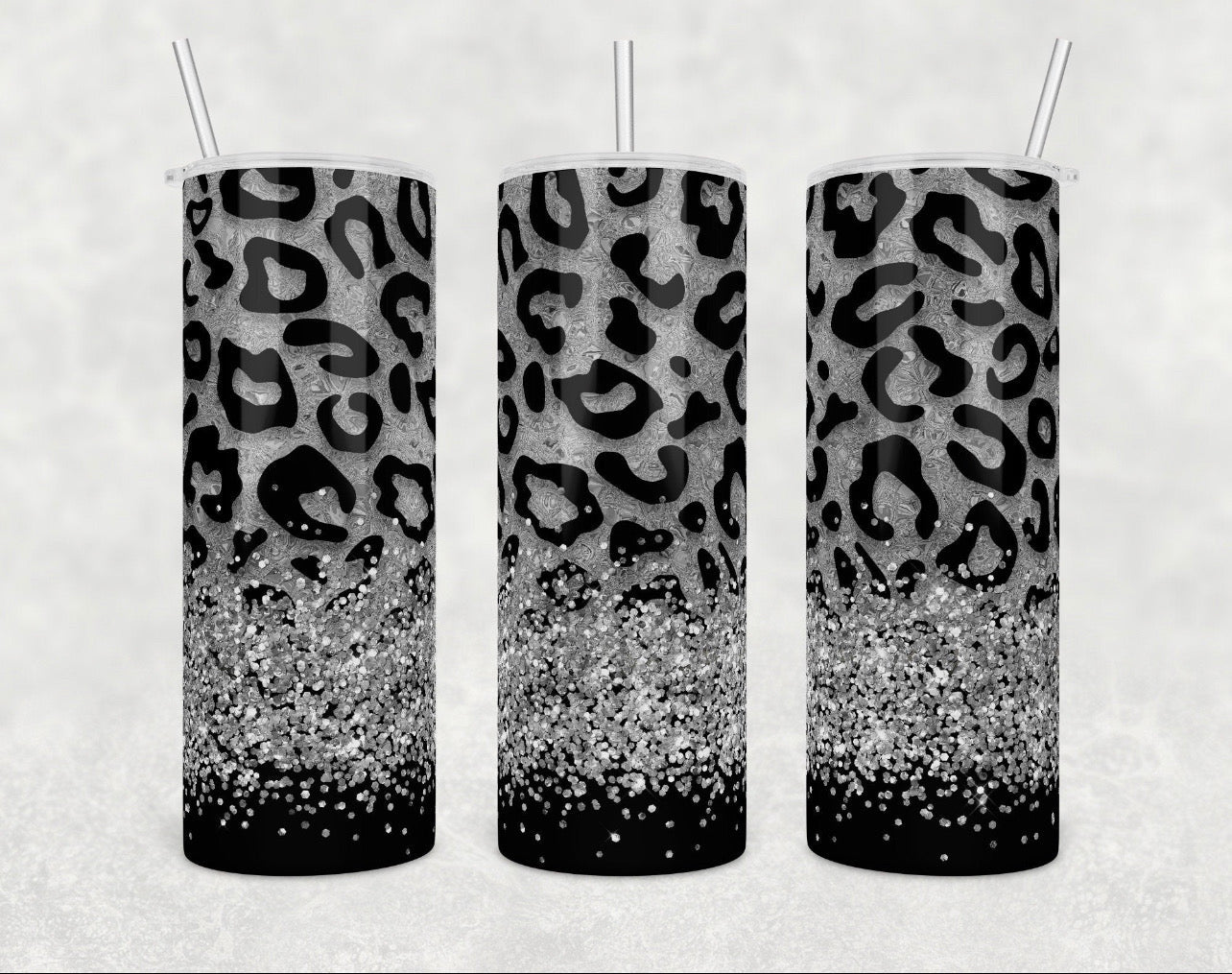 Gray and Black Cheetah- 20 oz or 30oz Skinny Tumblers w/ Lid and Metal Straw
