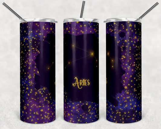 Aries Purple & Gold Zodiac - 20oz or 30oz Skinny Tumblers w/ Lid and Metal Straw