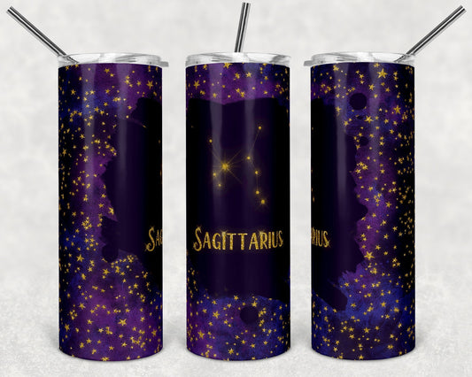 Sagittarius Purple & Gold Zodiac - 20oz or 30oz Skinny Tumblers w/ Lid and Metal Straw