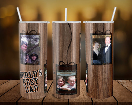 Wood Worlds Best Dad Pictures- 20 oz or 30oz Skinny Tumblers w/ Lid and Metal Straw