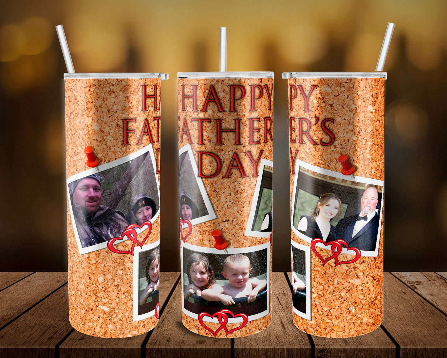 Cork Board Father’s day Picture - 20 oz or 30oz Skinny Tumblers w/ Lid and Metal Straw