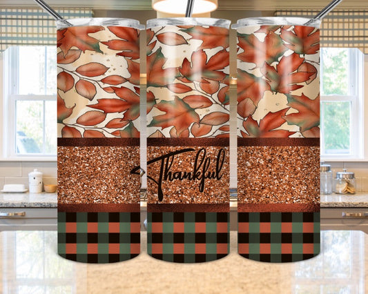 Sparkly Thankful-20oz or 30oz Skinny Tumblers w/ Lid and Metal Straw