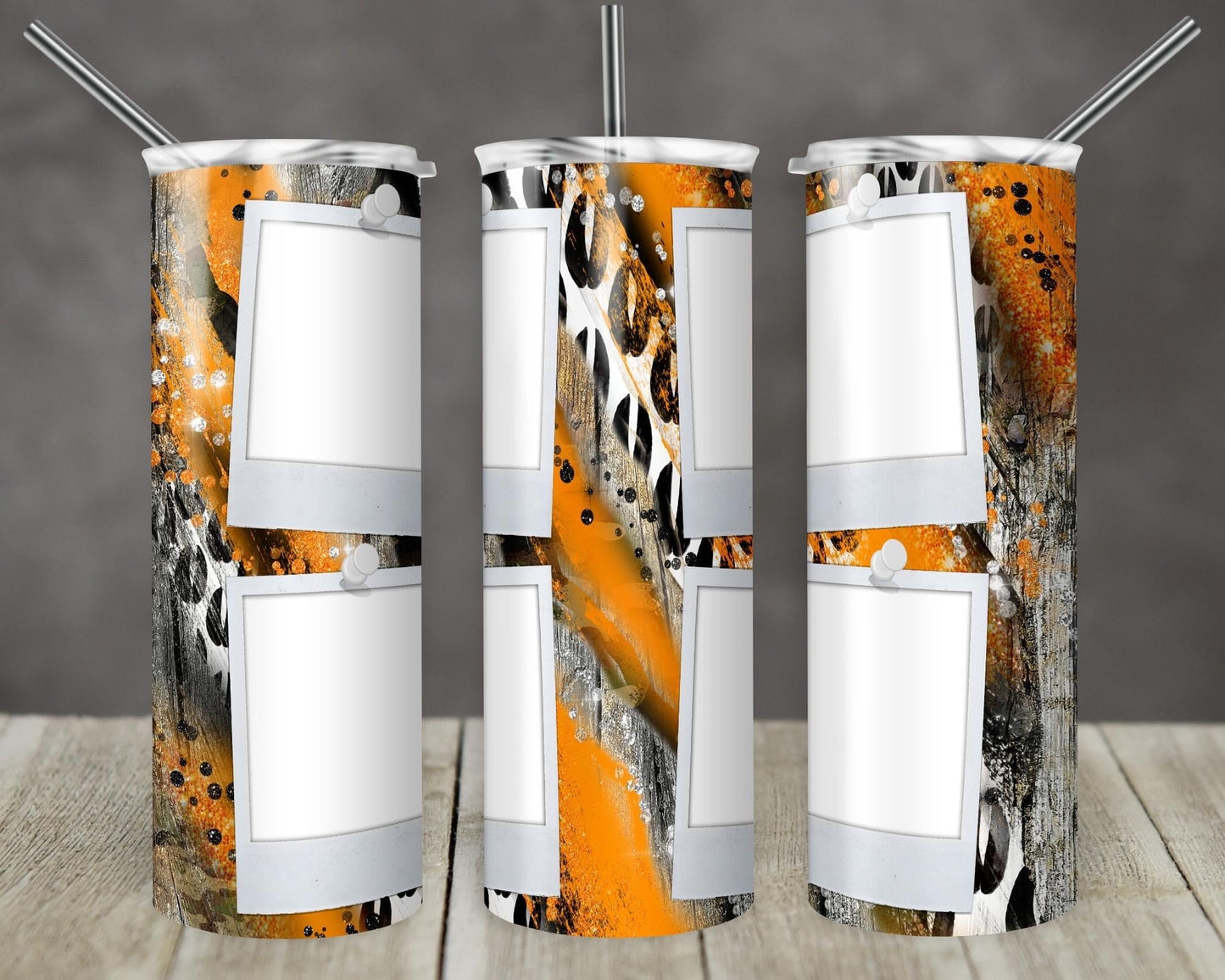 Custom Orange Grey Stripes - 20oz or 30oz Skinny Tumblers w/ Lid and Metal Straw