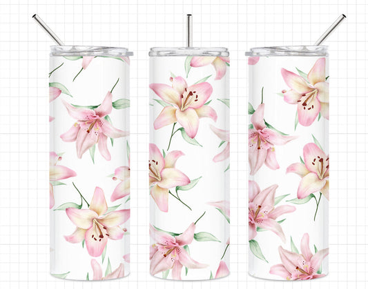 Pink Lilies Flowers - 20oz or 30oz Skinny Tumblers w/ Lid and Metal Straw