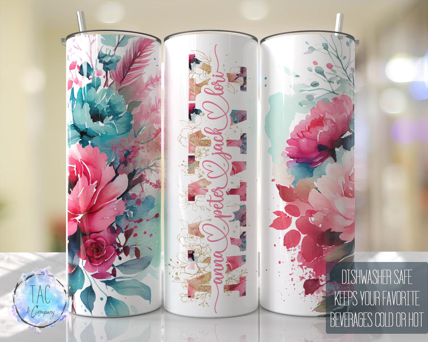 Nanny Split Hot Pink Floral Full Wrap -20oz or 30oz Skinny Tumblers w/ Lid and Metal Straw