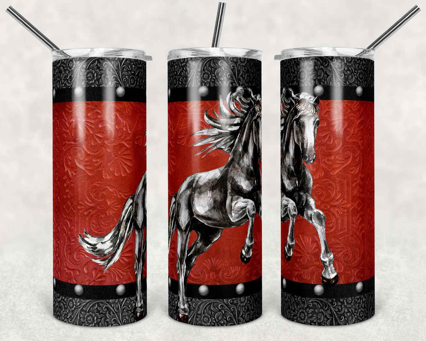 Red & Black Leather Horse- 20 oz or 30oz Skinny Tumblers w/ Lid and Metal Straw