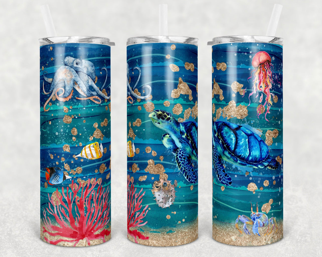 Ocean ,Sea Animals Fish Turtle- 20oz or 30oz Skinny Tumblers w/ Lid and Metal Straw
