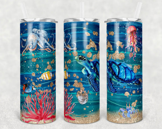Ocean ,Sea Animals Fish Turtle- 20oz or 30oz Skinny Tumblers w/ Lid and Metal Straw