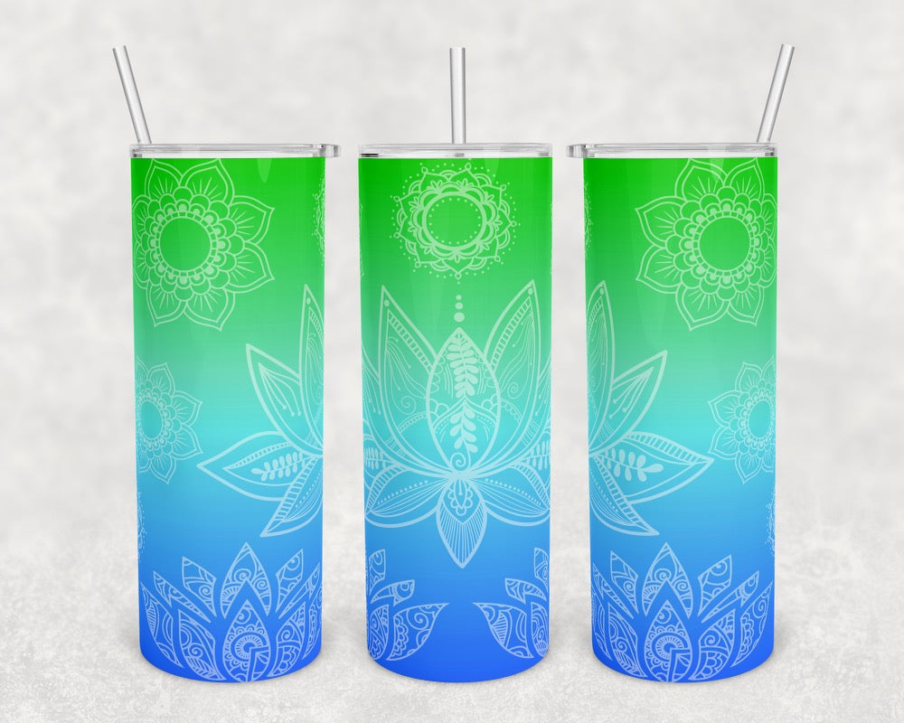 Green & Blue Lotus Flower - 20 oz or 30oz Skinny Tumblers w/ Lid and Metal Straw