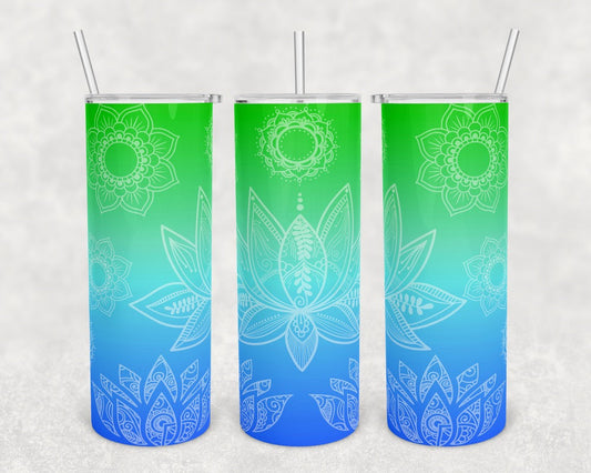 Green & Blue Lotus Flower - 20 oz or 30oz Skinny Tumblers w/ Lid and Metal Straw
