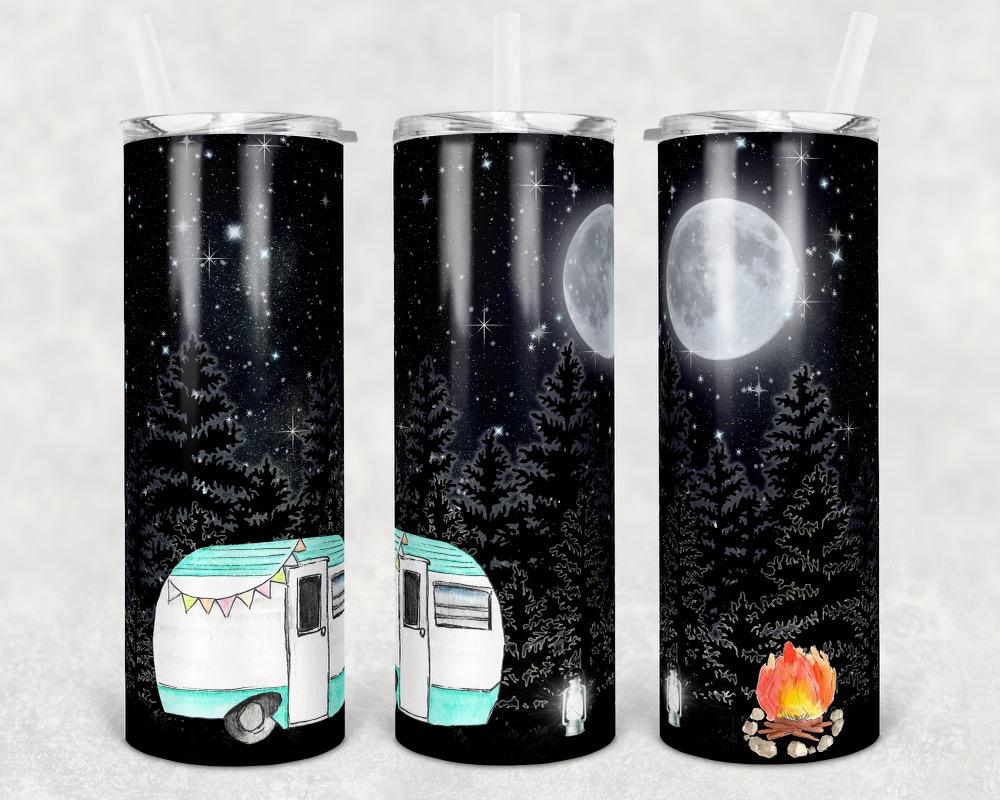 Teal and White Camper Moonlight  - 20oz or 30oz Skinny Tumblers w/ Lid and Metal Straw