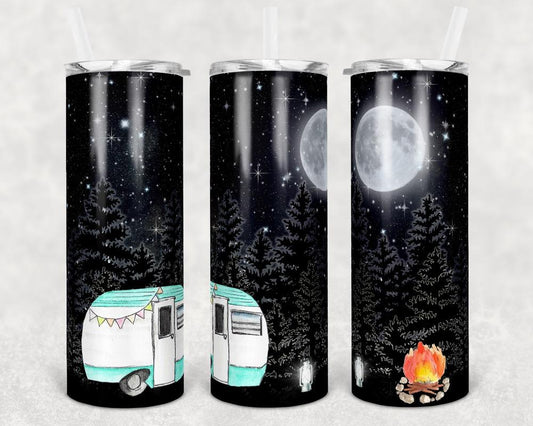 Teal and White Camper Moonlight  - 20oz or 30oz Skinny Tumblers w/ Lid and Metal Straw