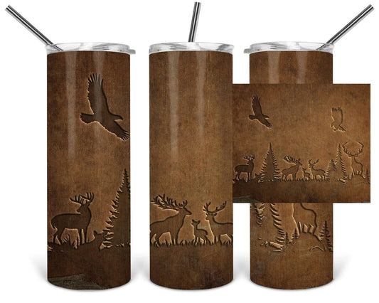 Brown Leather Hunting- 20oz or 30oz Skinny Tumblers w/ Lid and Metal Straw