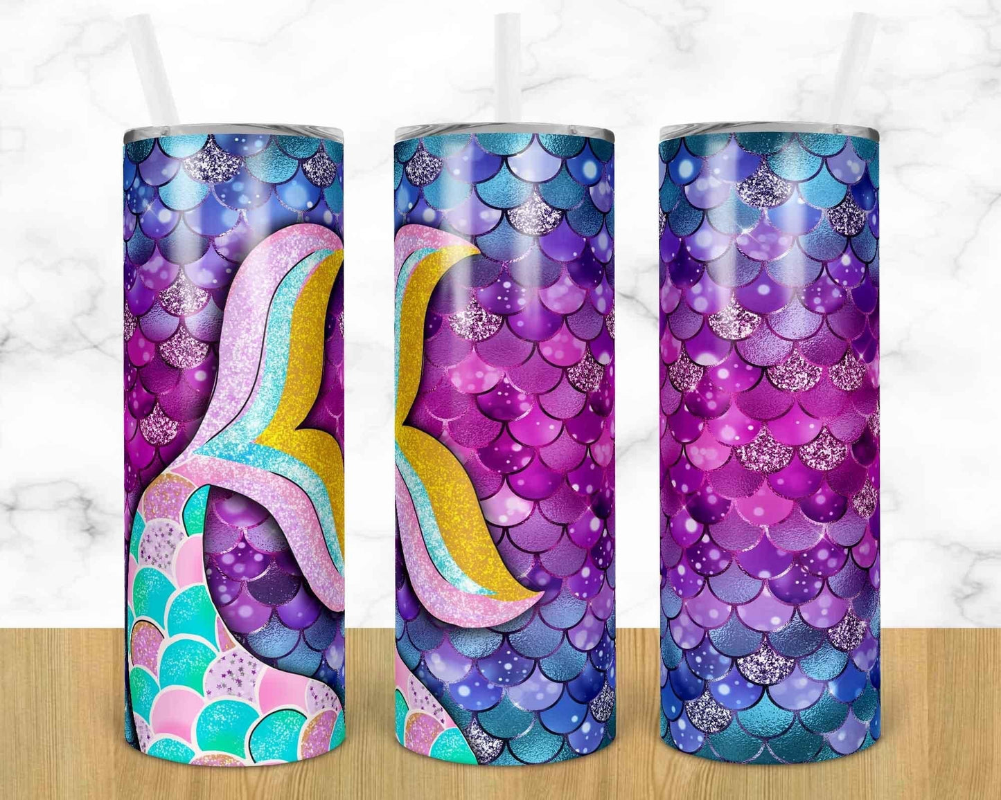 Mermaid Tail  -  20oz or 30oz Skinny Tumblers w/ Lid and Metal Straw