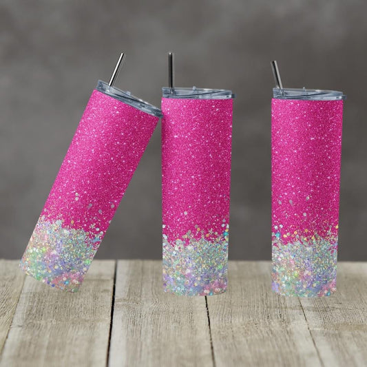 Silver & Pink Glitter- 20 oz or 30oz Skinny Tumblers w/ Lid and Metal Straw