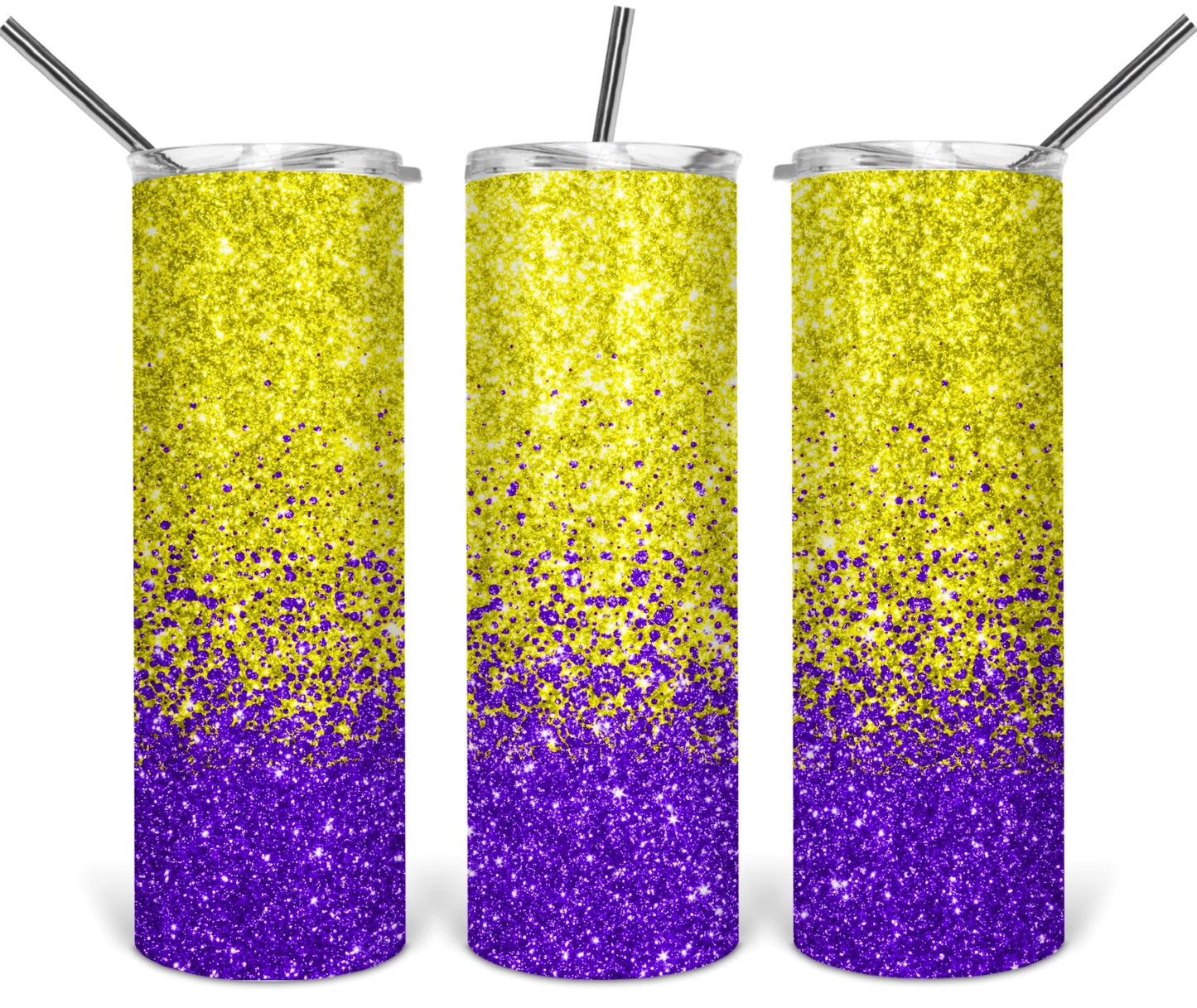 Yellow and Purple Glitter ombré - 20oz or 30oz Skinny Tumblers w/ Lid and Metal Straw