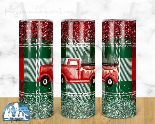 Green Plaid Glitter Red Truck  - 20oz or 30oz Skinny Tumblers w/ Lid and Metal Straw