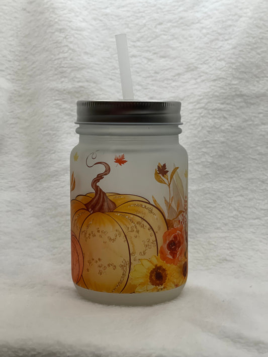Frosted Mason Jar with lid and straw - Pumpkin Fall