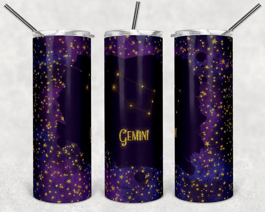 Gemini Purple & Gold Zodiac - 20oz or 30oz Skinny Tumblers w/ Lid and Metal Straw