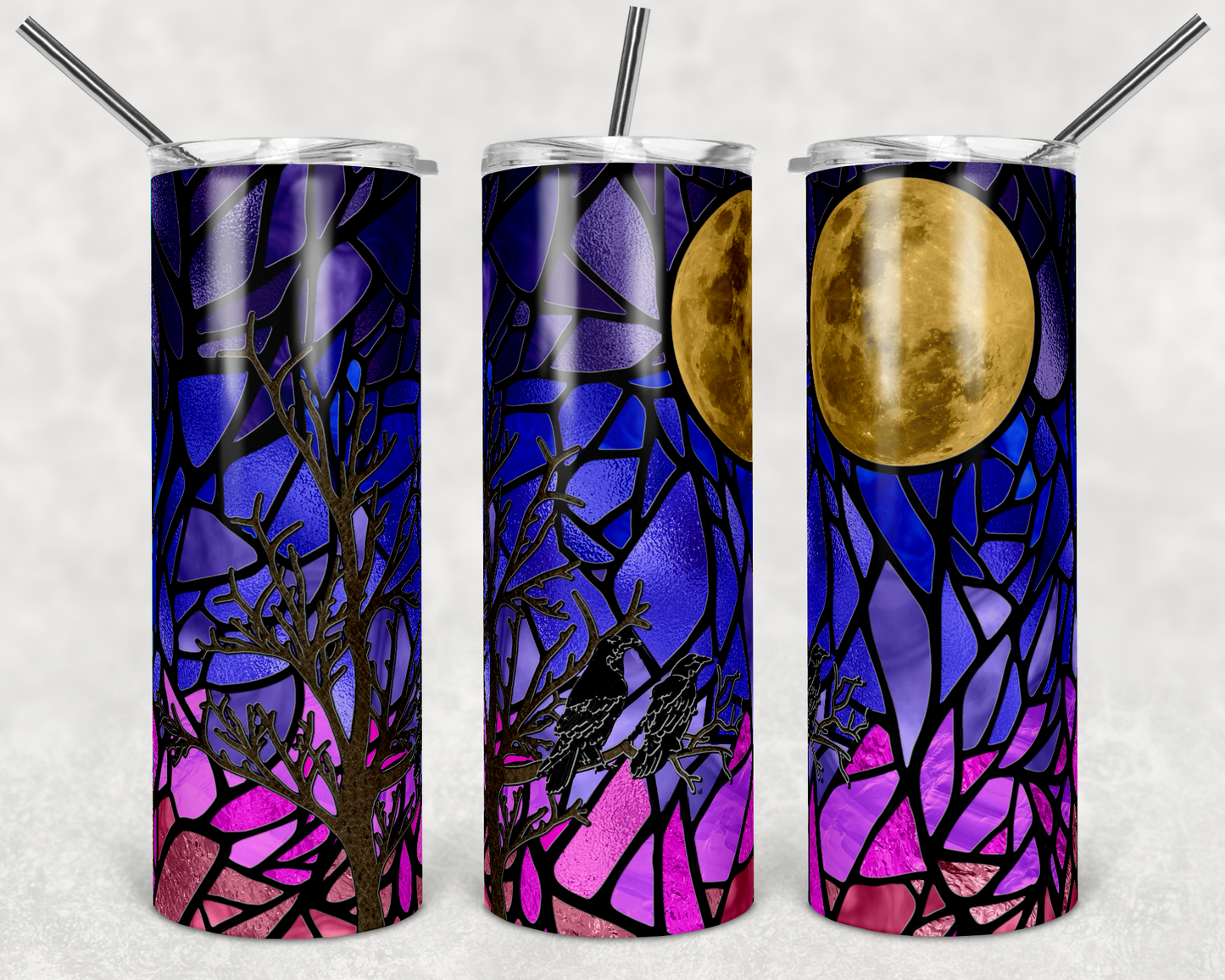 Ravens Moon Stain Glass - 20oz or 30oz Skinny Tumblers w/ Lid and Metal Straw