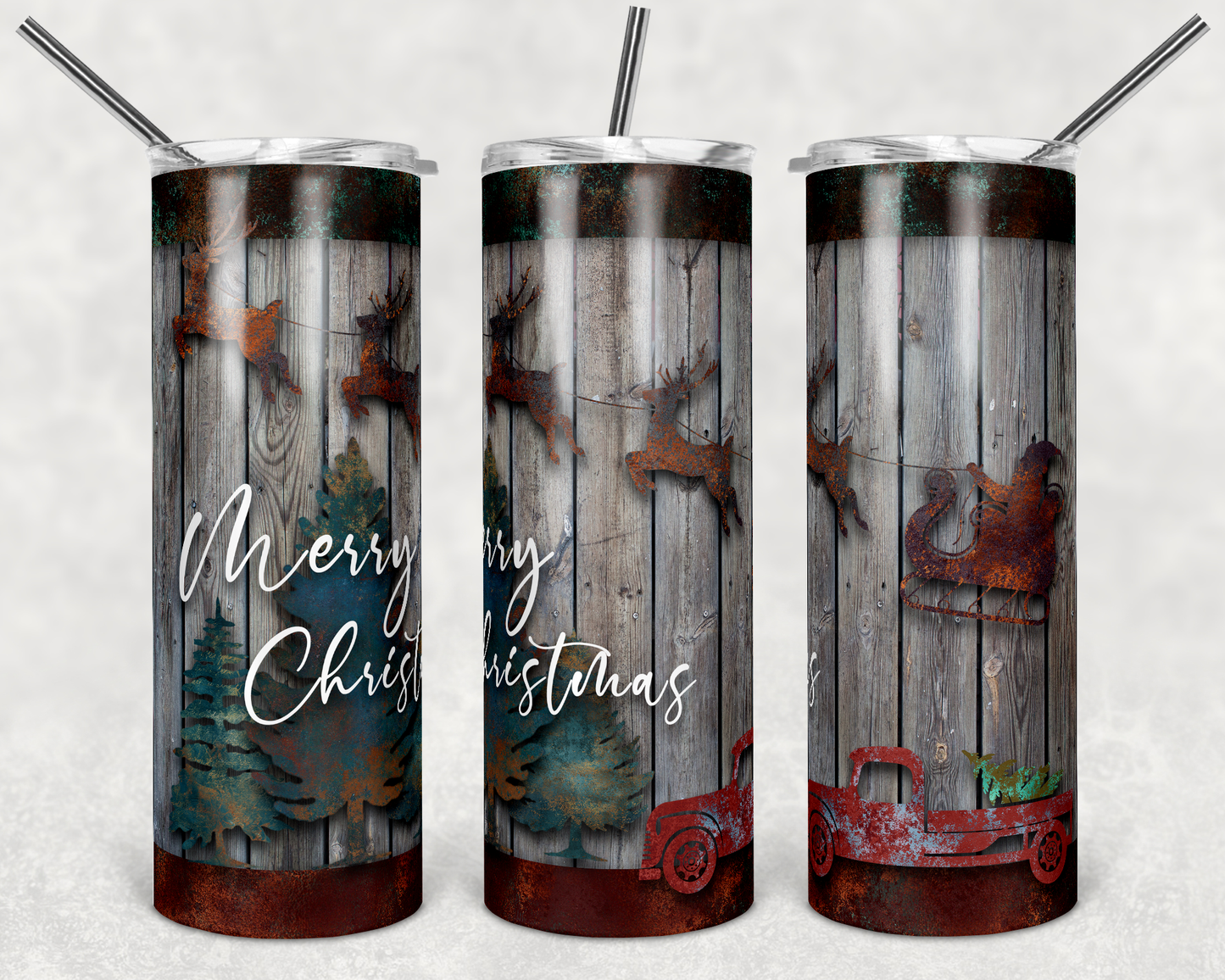 Rustic Wood Farmhouse- Holiday  - 20oz or 30oz as Skinny Tumblers w/ Lid and Metal Straw