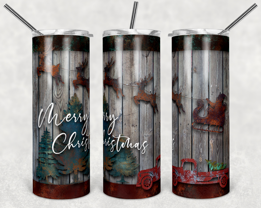 Rustic Wood Farmhouse- Holiday  - 20oz or 30oz as Skinny Tumblers w/ Lid and Metal Straw